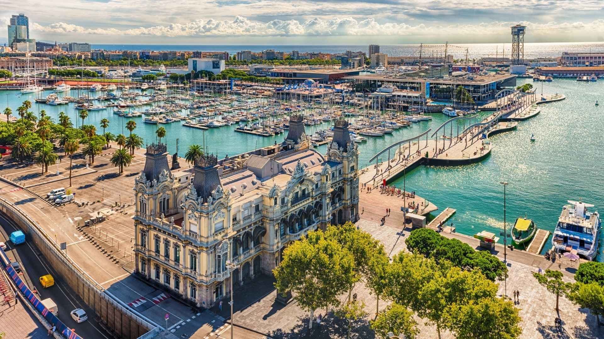 aerial view of port vell, barcelona, catalonia, spain