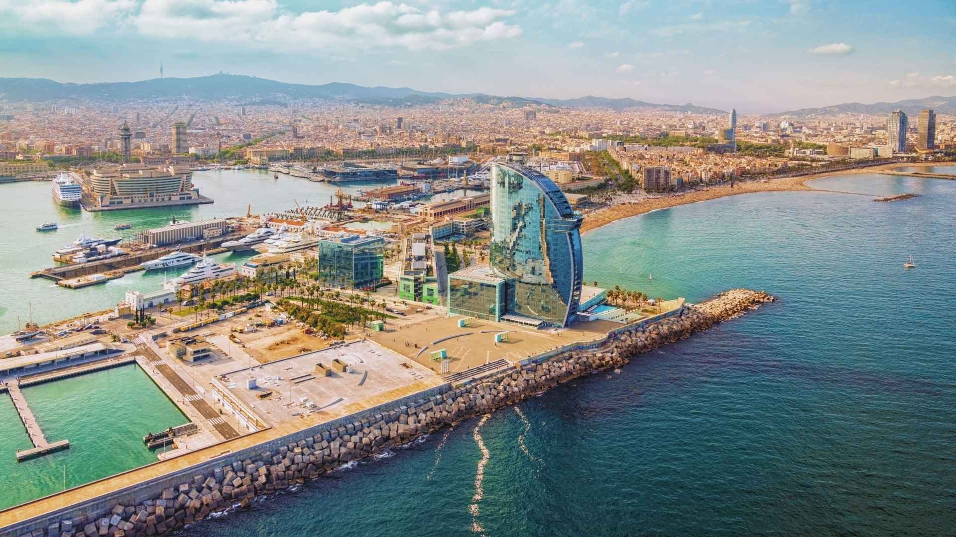 barcelona aerial city skyline panorama and the beach spain