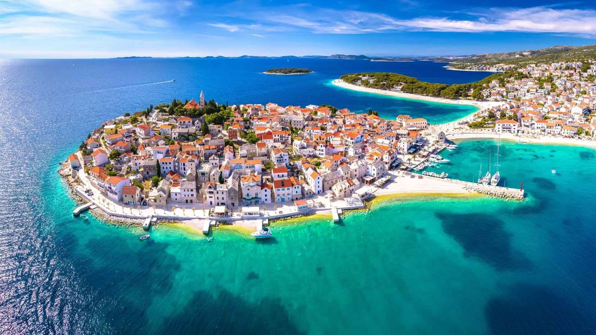 scenic town and beaches of primosten aerial panoramic view