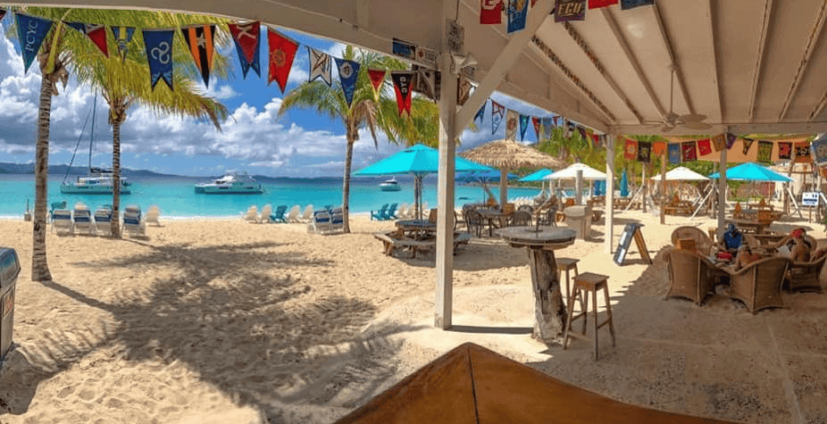 soggy dollar bar looking out to sea BVI sand