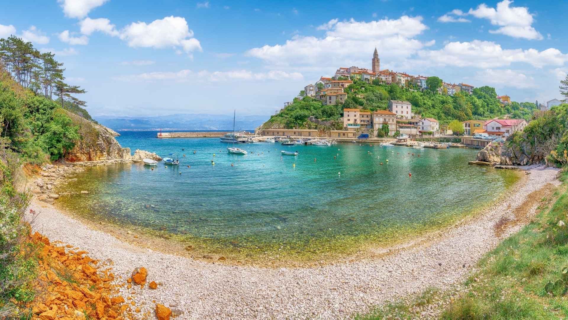 vrbnik town romantic summer seascape of adriatic sea, krk, croatia