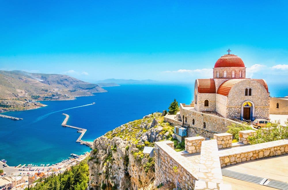 symi rhodes greece church above the water