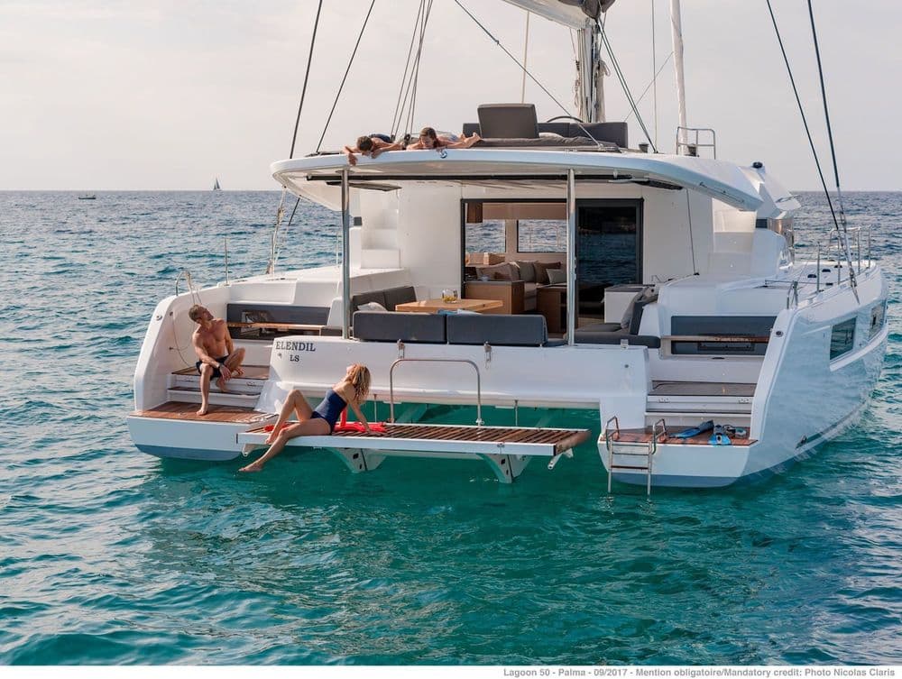 lagoon 50 back of the boat with people bareboat