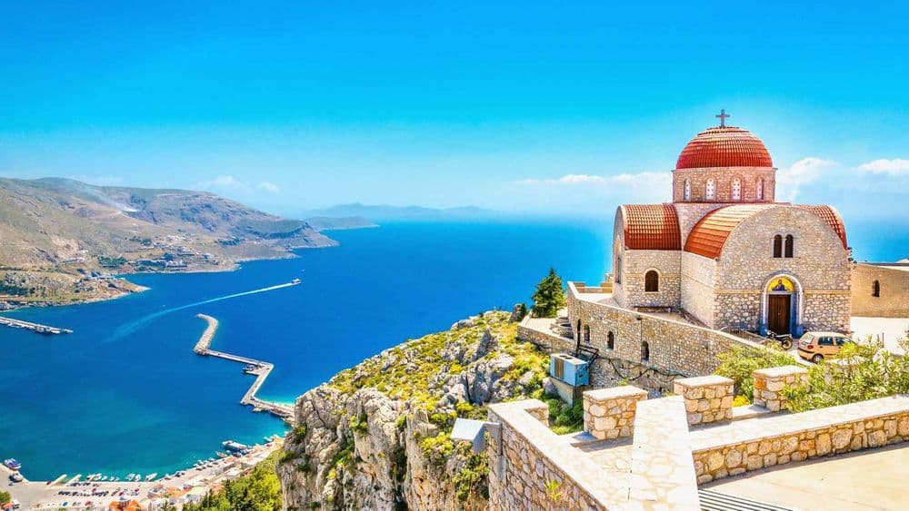 symi rhodes greece church above the water